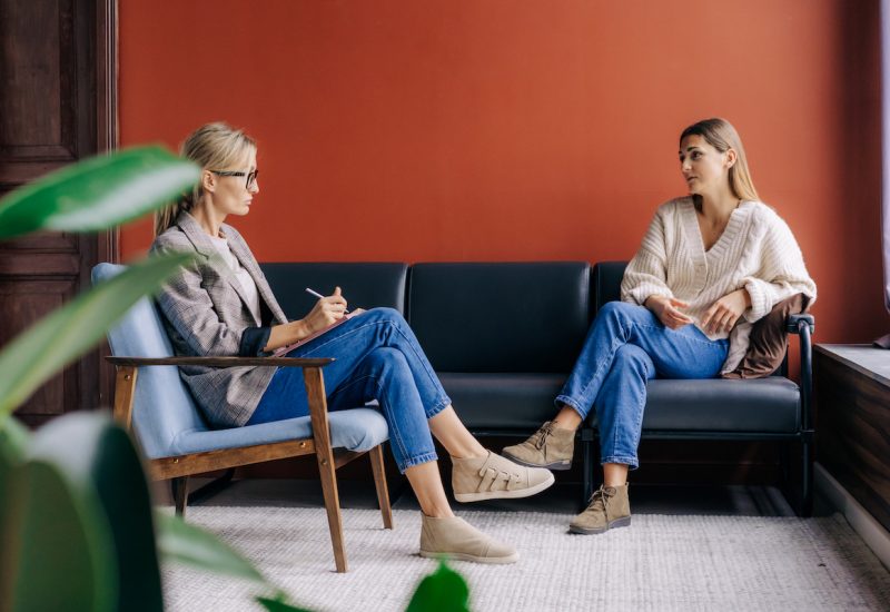 The psychotherapist interviews and consults the patient during the session.